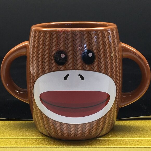 Galerie Sock Monkey Coffee Tea Mug Cup Double Handle Brown Ceramic - Picture 1 of 11